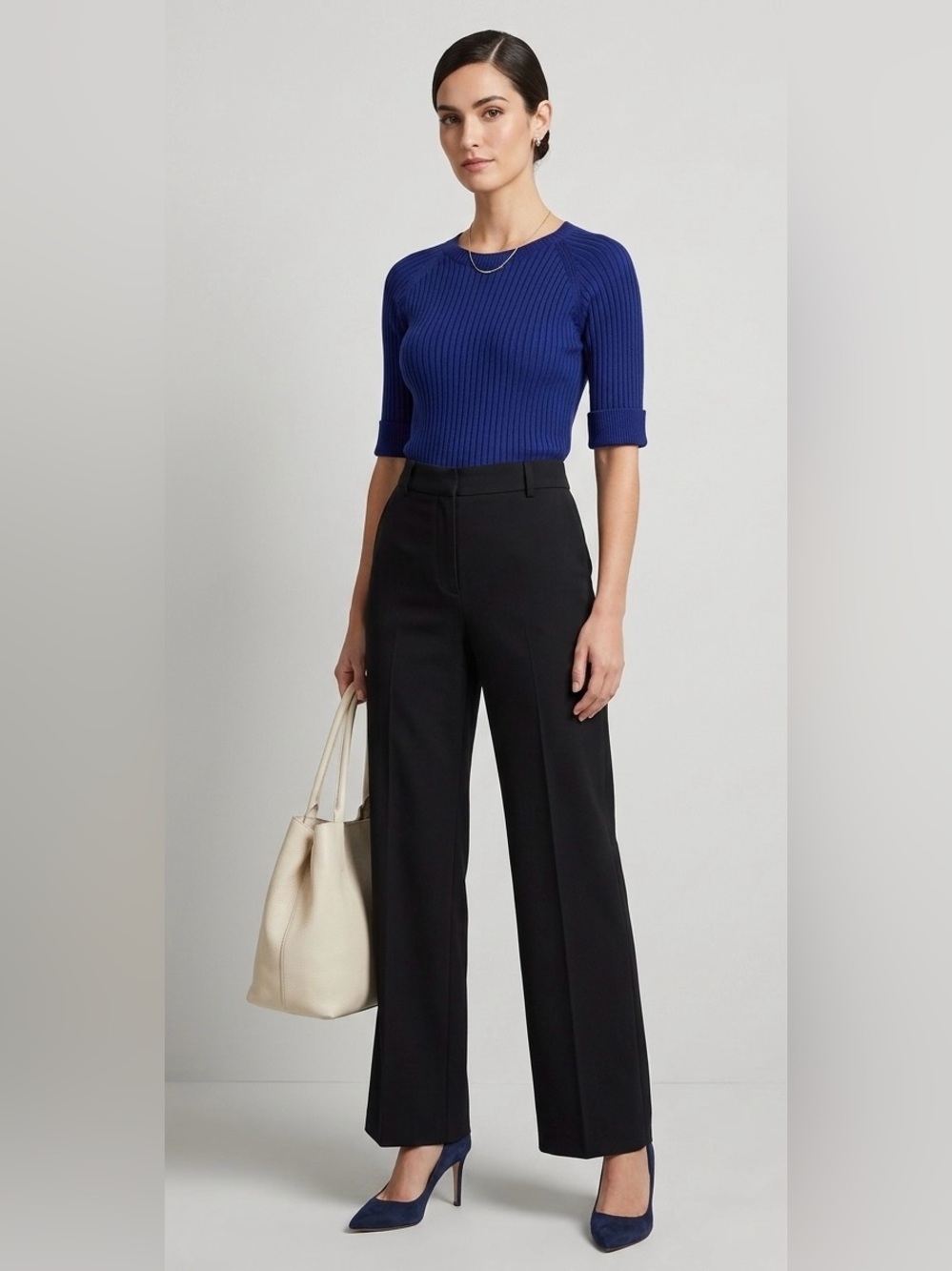 CARVEN Royal Blue Ribbed Knit Half-Sleeve Crewneck Sweater - Size S
